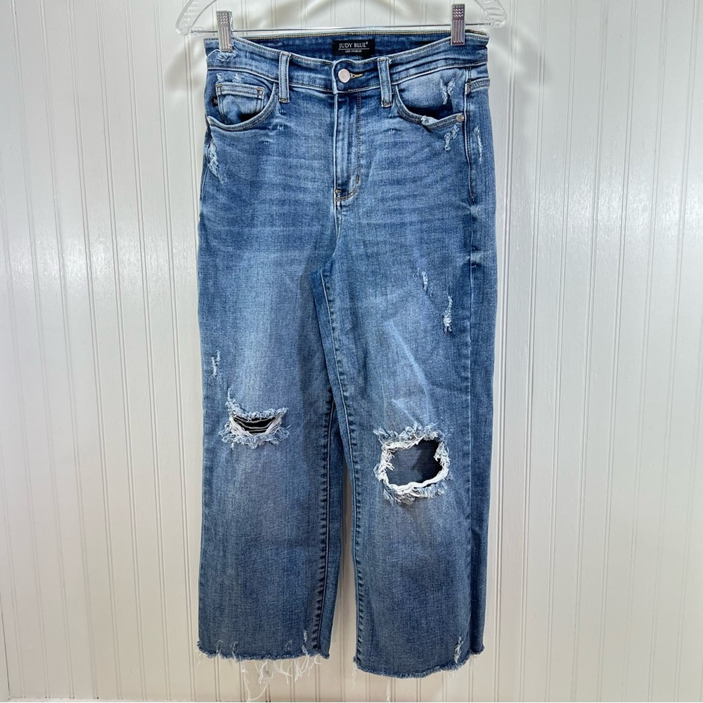 Judy Blue Cropped Ankle Wide Leg Jeans Size 5/27 Distressed High Rise Retro